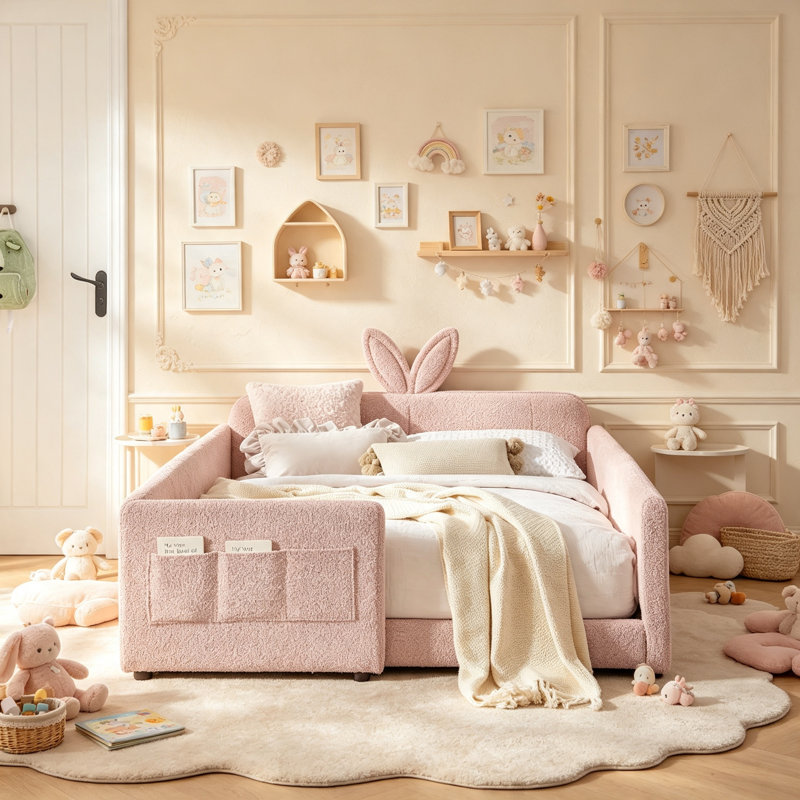 Upholstered Kids Bed Frame with Safety Rails and Storage, Boucle Floor Bed with Headboard and Guardrails, Pink, Full, Full