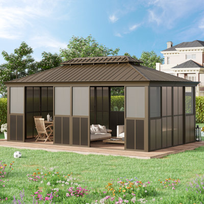 Pavillon de jardin 20 po x 12 pi avec toit rigide pour l'extérieur, solarium de patio entièrement fermé avec double toit en acier galvanisé, cadre en aluminium, portes coulissantes verrouillables et fenêtres coulissantes en PE, Pavillon de jardin extérieur toutes saisons pour cour, terrasse et spa