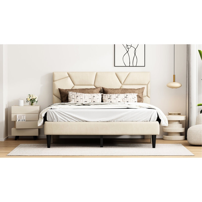 Beige Queen Bed - Robust, No Noise, With Under Storage And Assembly Ease Frame Stable, Box Spring, Linen Headboard Option