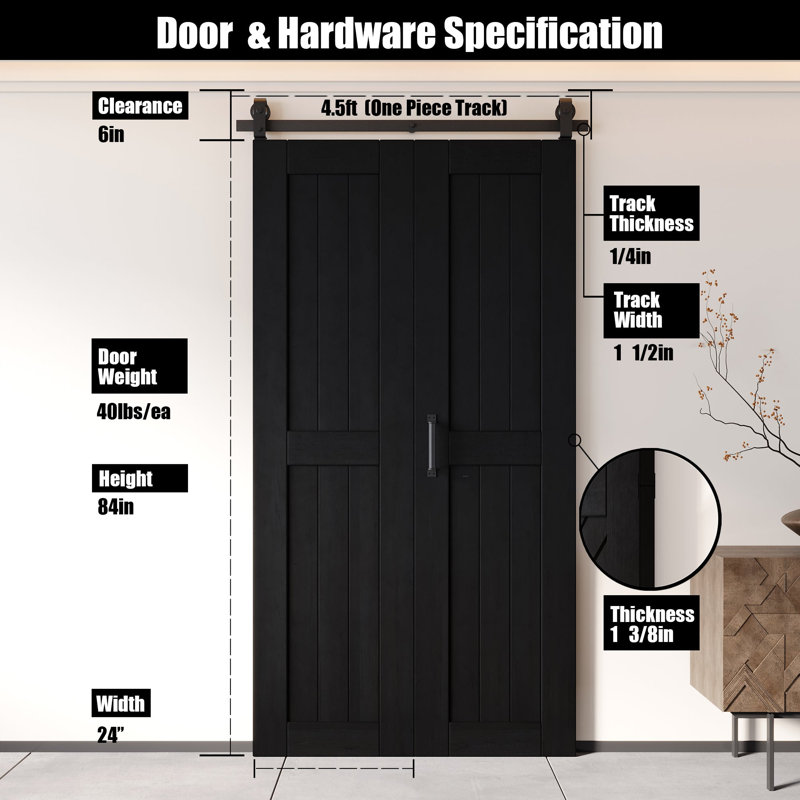 Porte de grange noire haute non assemblée et finie de 84 po de hauteur, deux portes de 24 po x 84 po avec quincaillerie de fixation supérieure pliable