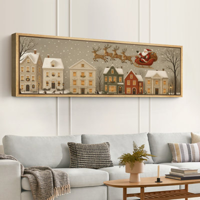Christmas Holiday Celebration Vintage Christmas Town Santa Scene Artwork Extra Large Pictures Framed Canvas Print Wall Art