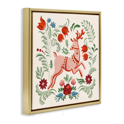 «Green Floral Reindeer», art mural encadré flottant par Victoria Barnes