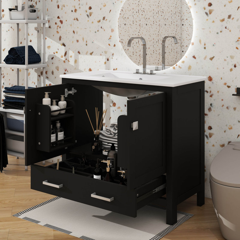 Meuble-lavabo de 36 pouces avec lavabo en céramique et portes étroites, Noir