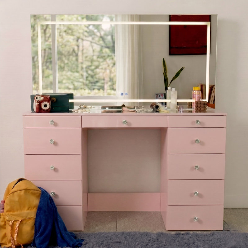 Boahaus Elara Extra-Large Vanity Desk with LED Mirror – 11 Drawer Makeup Vanity Designed as a Complete Dressing Station with Integrated Power and Speakers