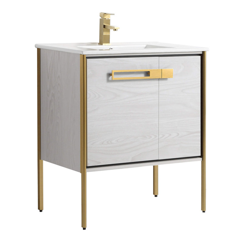 30" Single Bathroom Vanity, Satin Brass, Mild Gray Oak
