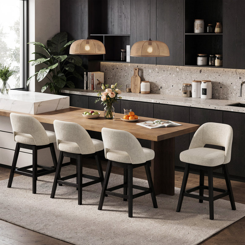 Tabouret de bar pivotant rembourré avec structure en bois massif et dossier incurvé, lot de 4, Beige