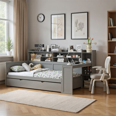 Multifunctional Modern Wooden Twin Size Daybed With Storage Shelves, Study Desk And Twin Trundle Bed by Hokku Designs