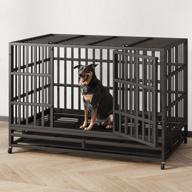 Meuble pour cage robuste pour chien de 48 po avec double porte, cage pliable en acier indestructible pour cage de chien avec roues verrouillables et plateau amovible, pour chiens de taille moyenne / grande
