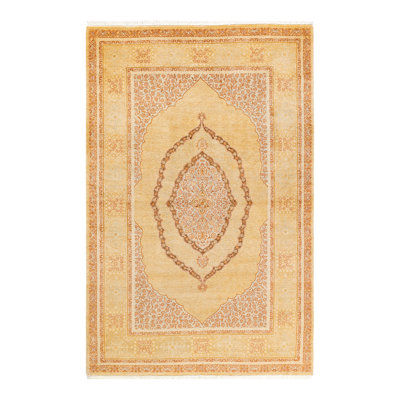 Tapis unique noué à la main jaune de 4 pi 1 po x 6 pi 4 po Hayner