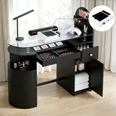 Table de manucure avec dépoussiéreur, bureau professionnel Nail Tech avec plateau en verre trempé, armoire de rangement et tiroir