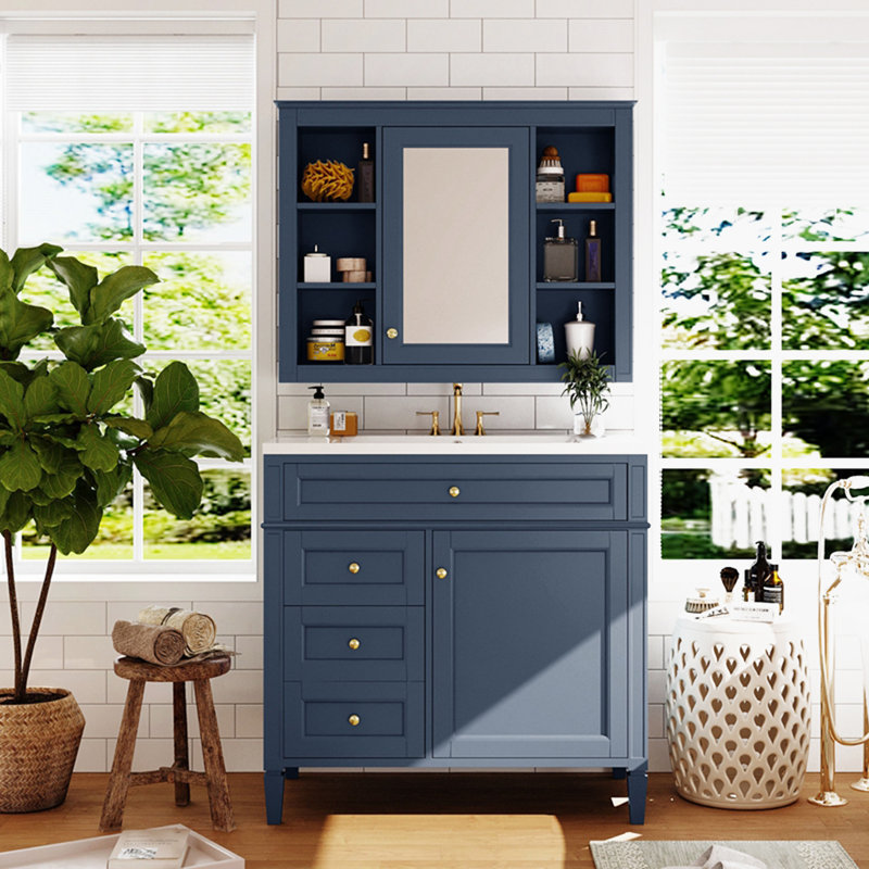 Armoire de rangement moderne avec 2 portes à fermeture douce et 4 tiroirs, Bleu