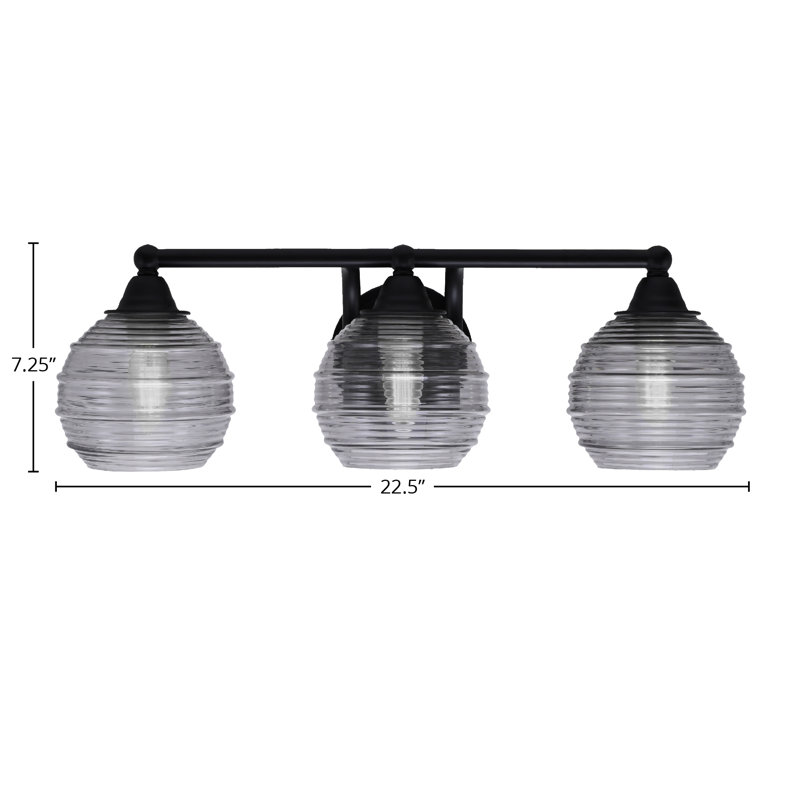 Barre d'éclairage de salle de bain 3 lumières Som au fini noir mat avec verre nervuré de 6 po, Gris foncé