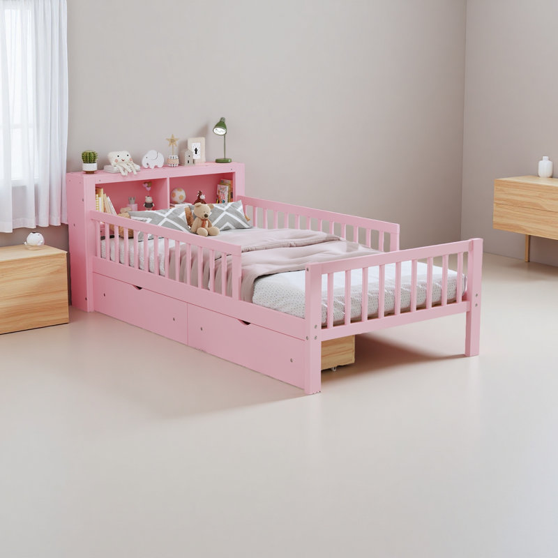 Lit simple avec support de tête de lit, deux tiroirs sous le lit, trois barrières de sécurité pour plus de sécurité, Rose