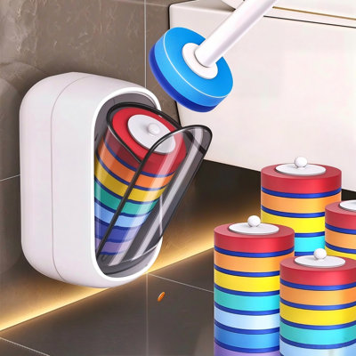 Joybos Disposable Toilet Brush Cleaning System, Rainbow-Button Wand, Auto-Open Wall Mount Caddy, 35 Count Multi-Color Cleaning Heads