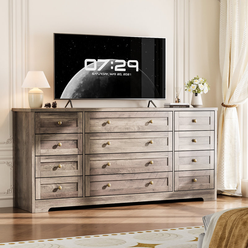 Commode 12 tiroirs en bois, commode moderne de 63 po de largeur et meuble télé pour chambre à coucher