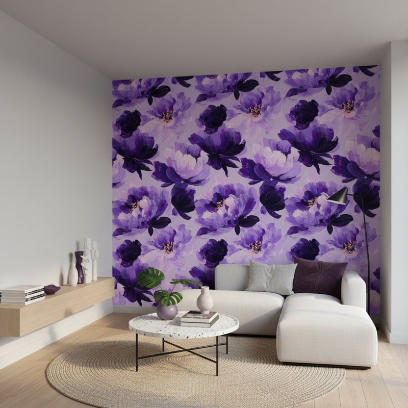 Papier peint floral, décoration murale artistique mauve