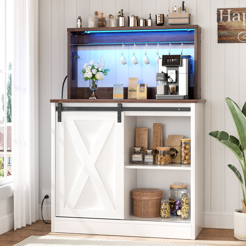 Farmhouse Coffee Bar Cabinet With 6 Hooks, Coffee Bar Hutch With Storage, Buffet Cabinet With Sliding Barn Door, Coffee Bar Table With Adjustable Shelves For Living Dining Room