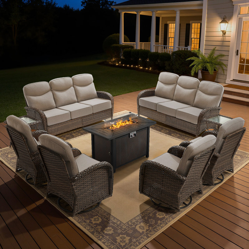 Arbor 10 - Person Fire Pit Outdoor Wicker Conversation Furniture Set With 6" Cushions, 55,000 BTU Propane Table, Beige