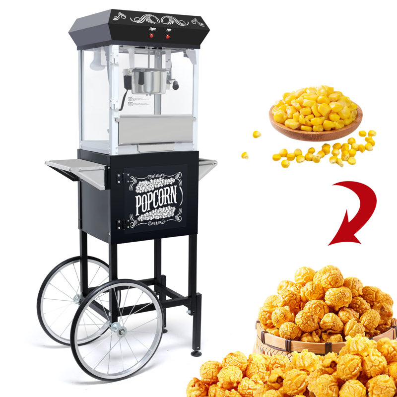 Machine à maïs soufflé avec chariot mobile et bouilloire en acier inoxydable 8 oz