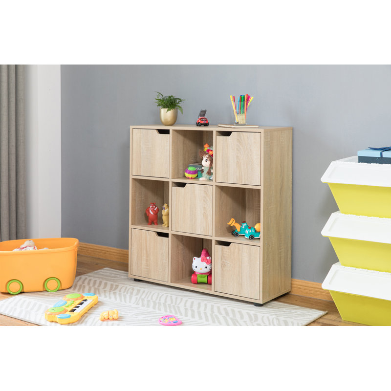 Basicwise 9 Cube Storage Organizer with 5 Doors and 4 Shelves - Bookshelf with Magnetic Closure, Wood Bookcase, 35"W x 11.5"D x 36"H, Oak - Living Room Furniture, Wooden Organizer for Home Office