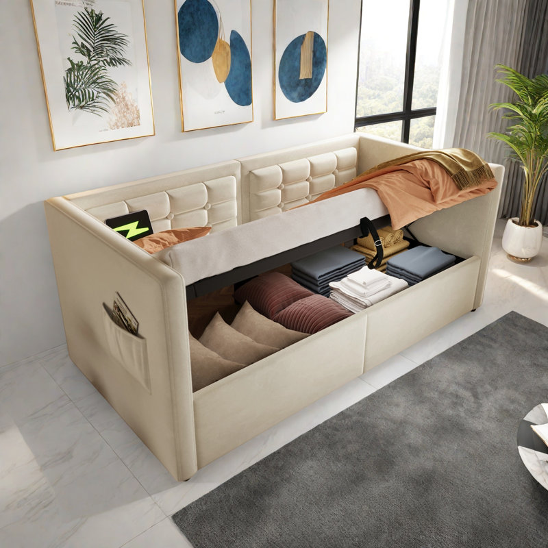 Lit de jour rembourré avec rangement hydraulique et charge USB et Type-C, Beige