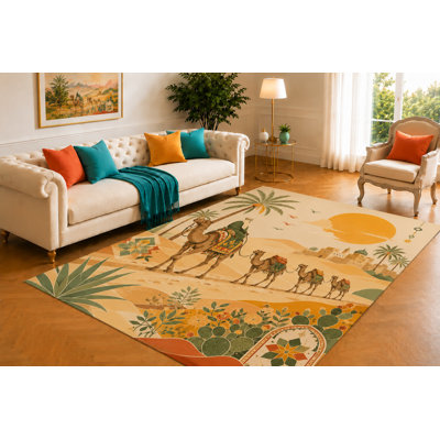 Tapis de caravane de désert 5 pi x 7 pi «Ultra Léger», tapis d'intérieur doux à poils courts avec envers antidérapant en silicone, tapis décoratif pour salon, chambre à coucher, salle à manger, bureau, coucher de soleil au Sahara doré