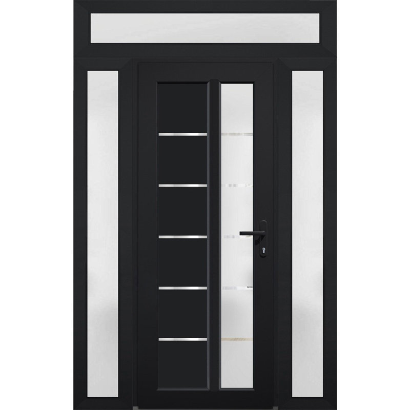 Porte d'entrée extérieure prémontée en PVC-U, verre dépoli, Manux 8088, noir mat, 2 fenêtres latérales et supérieure, portes extérieures pour bureaux, commerces et habitations, entrée, patio, garage - L 40,6 + 91,4 + 40,6 cm x H 203,2 + 35,6 cm - Ouverture à gauche vers l'intérieur