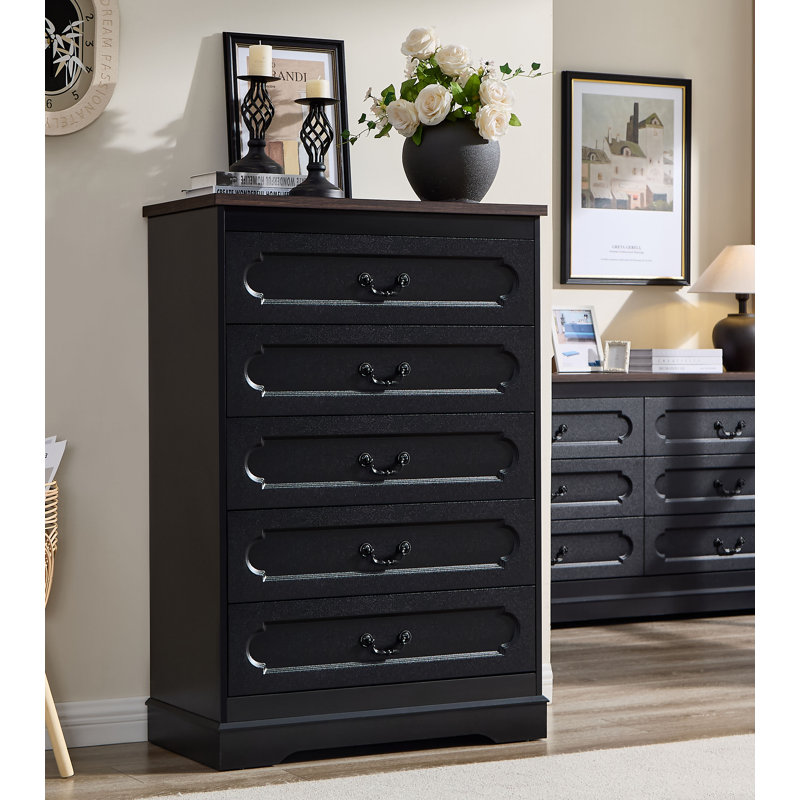 Farmhouse 5 - Drawers Dresser Organizer, Rustic Tall Chest of Drawers for Bedroom, Black