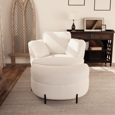 Slipcovered Upholstered Swivel Barrel Chair With Ottoman