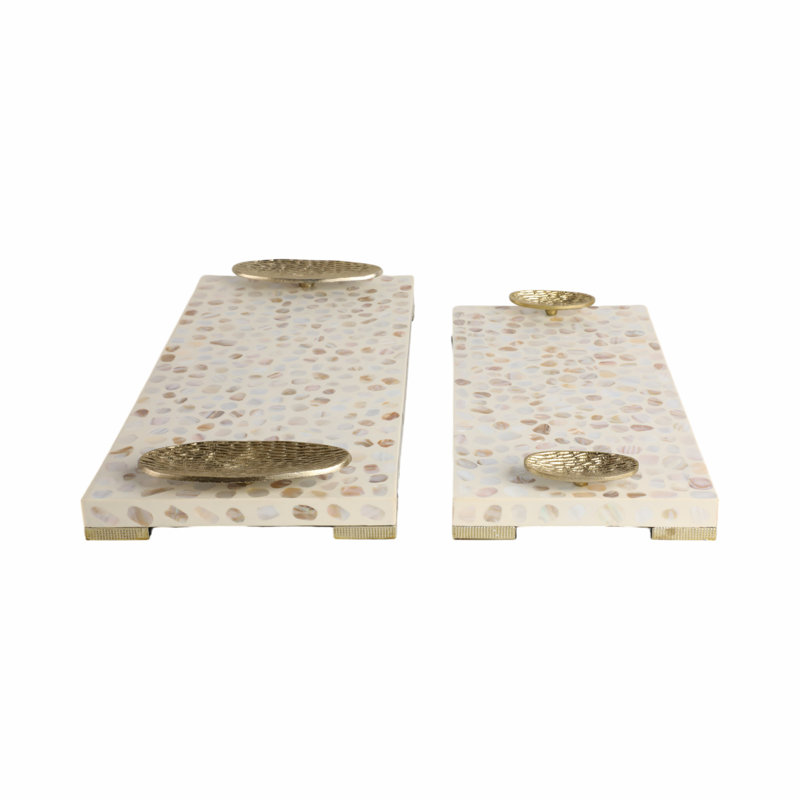 Okechuku 18 and 22" Allerd Mother and Pearl Rectangle Trays, 2.5"H, Shell, Set of 2 - 22" x 10" x 2.5"