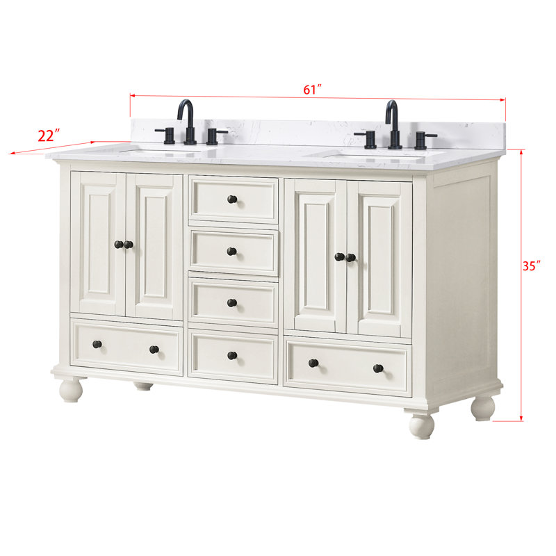 Thompson 61" Double Modern Bathroom Vanity Set, French White, Cala White, 60"