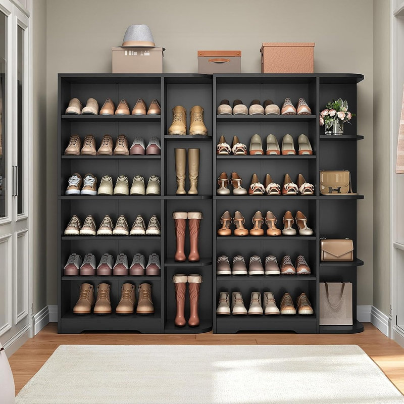 Armoire à chaussures en bois à 7 niveaux avec rangement ouvert, organisateur de chaussures multifonctionnel avec tablettes réglables pour le vestibule et le placard, noir