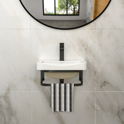 Lavabo de salle de bain mural rectangulaire en céramique avec barre à serviettes noire et trop-plein, peu encombrant et durable
