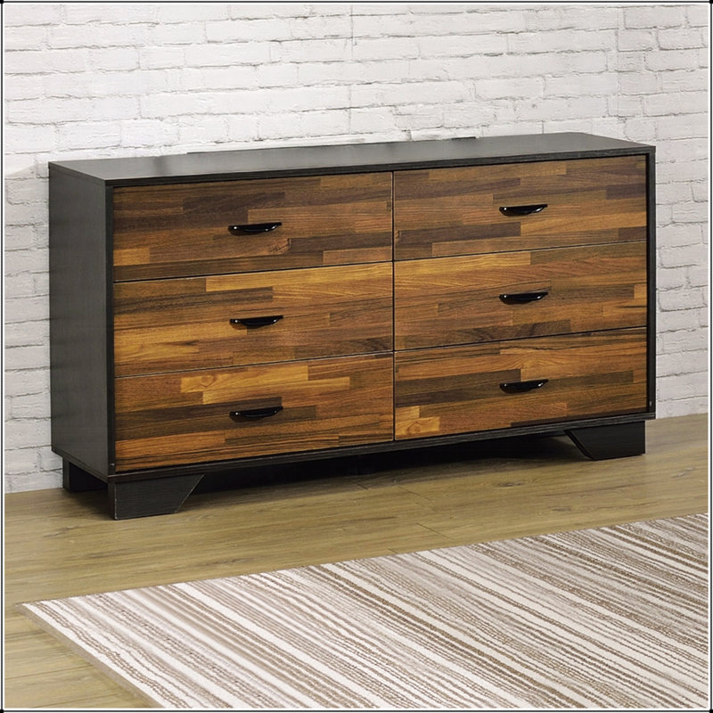 Commode à 6 tiroirs en noyer et noir avec rangement spacieux et fabrication durable, parfaite pour les chambres modernes