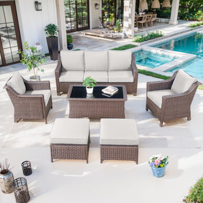 Jenesys Outdoor Wicker Furniture Set With Sofa, Club Chairs, Ottomans & Coffee Table - Durable, Stylish