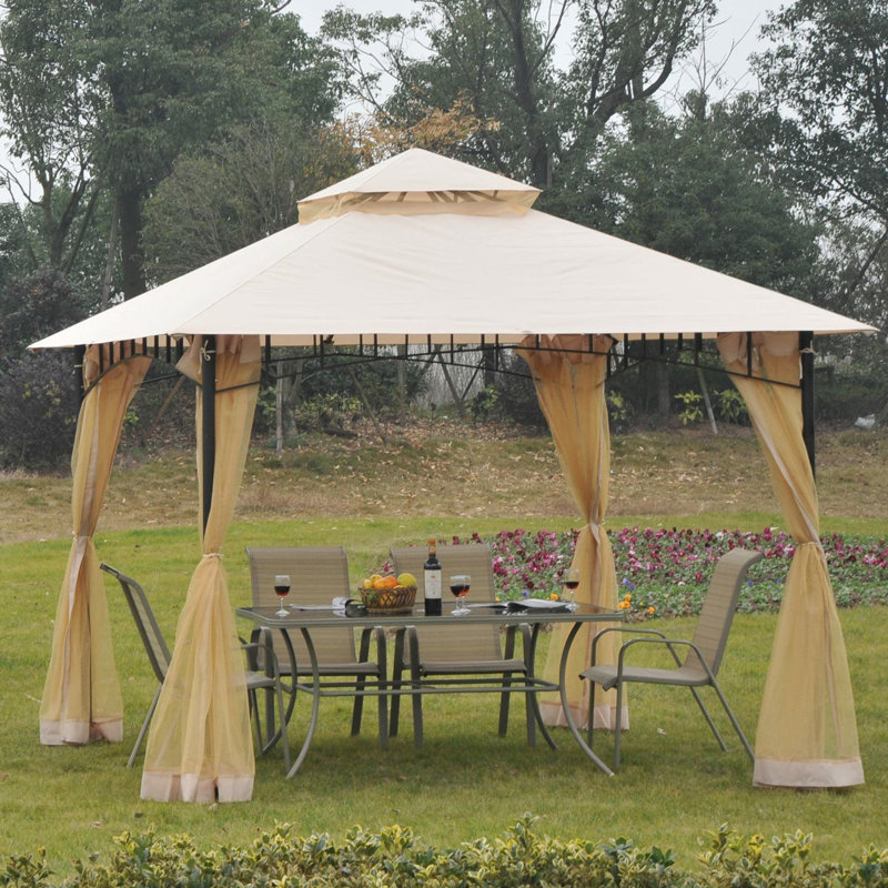 Beige Outdoor Patio Gazebo Canopy Tent with Mesh Sidewalls