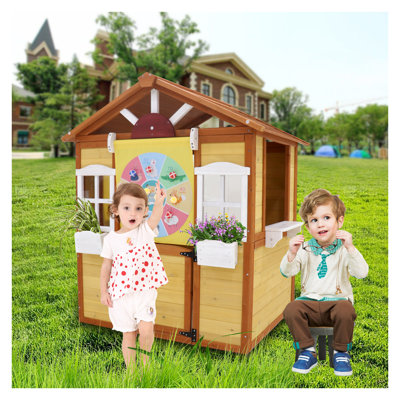 godohome Outdoor Wooden Playhouse for Kids - Toddler Pretend Play Cottage with Working Doors, Windows and Activity Station - Natural Solid Wood Play Structure