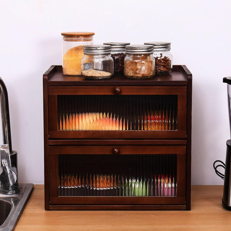 2 Layer Large Bread Box For Kitchen Counter, Wooden Bread Storage Container Organizer Holder With Acrylic Window