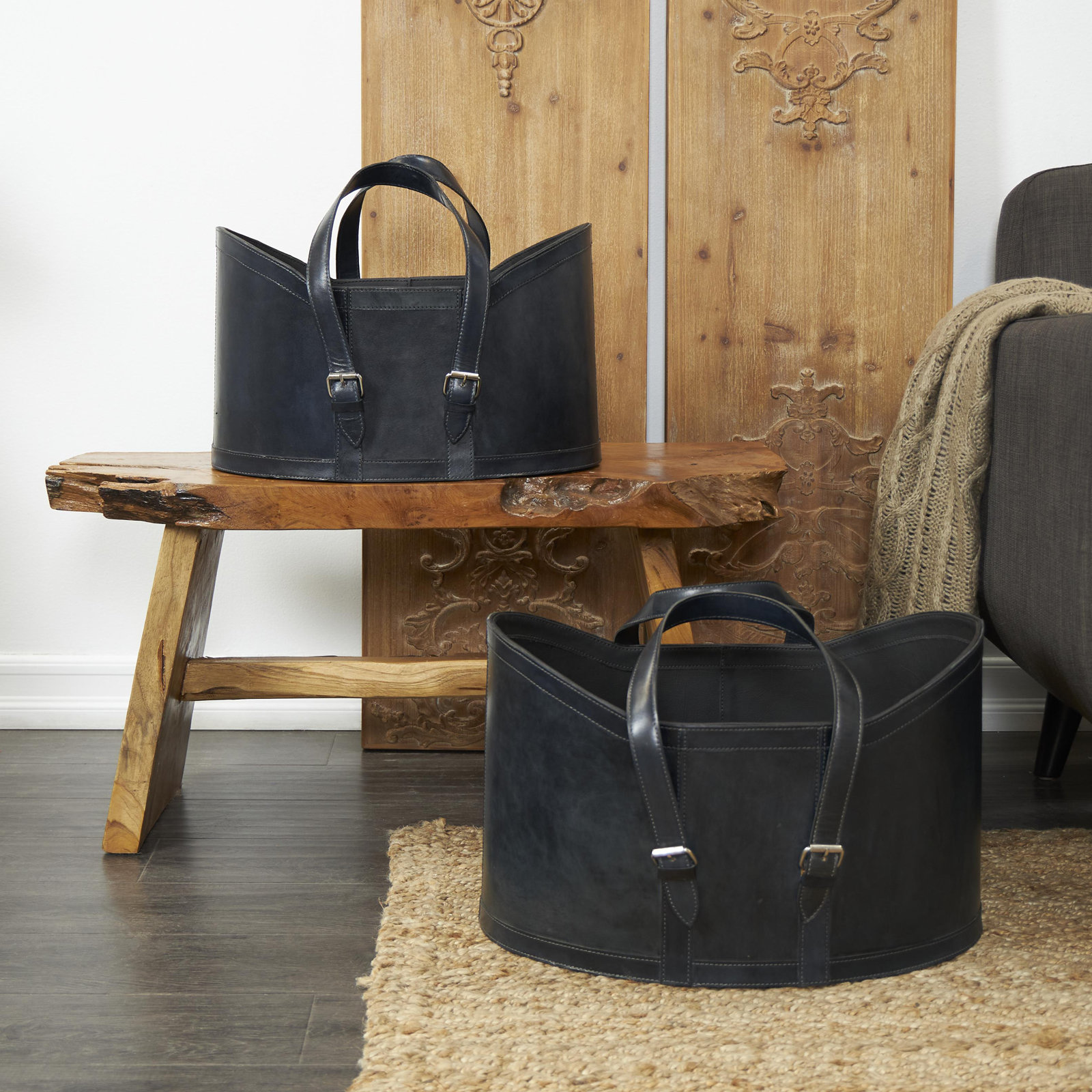 Handmade Genuine Leather Storage Bin Set, Dark Gray