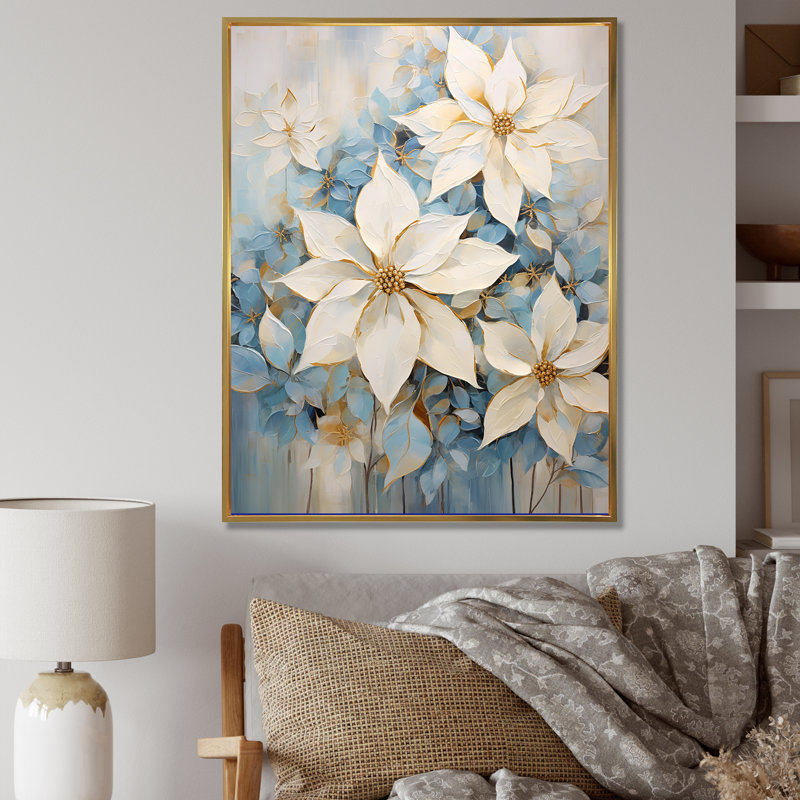 "Poinsettias" beige et bleu, variété florale I, impression sur toile, Cadre flottant doré, 20" H x 12" W