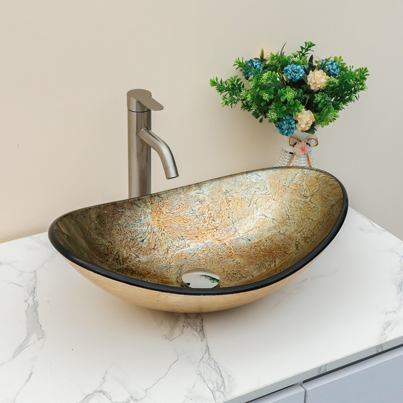 21.5" L Oval Glass Bathroom Sink Vessel Sink with Pop-Up Drain, Champagne