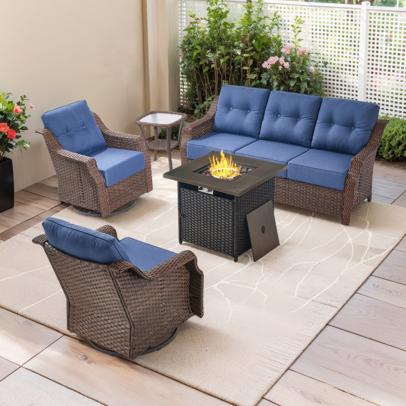 Circlarmino 5-Piece All-Weather Outdoor Wicker Square Fire Pit Conversation Set With Swivel Gliders And Side Table For Patio＆Garden