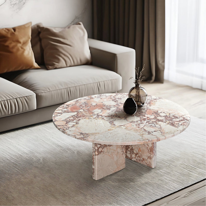 Table basse ronde en marbre rose naturel, hauteur 32 cm, élément de décoration luxueux pour le salon, surface polie, montage rapide, détail distinctif pour la maison, 70 x 32 cm, pièce maîtresse pour la décoration de l'espace, finition.