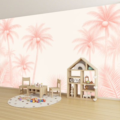 Peel and Stick Wallpaper Tropical Palm Tree Soft Coral Pink Tones Wall Murals 69"H x 96"W Removable PVC Wall Paper Self-Adhesive Wall Decor for Bedroom Living Room Home Office