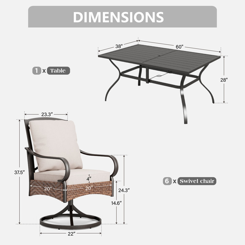Ensemble repas pour 6 personnes avec parasol (optionnel) et 6 chaises pivotantes Bjartmar, Non, Aucune