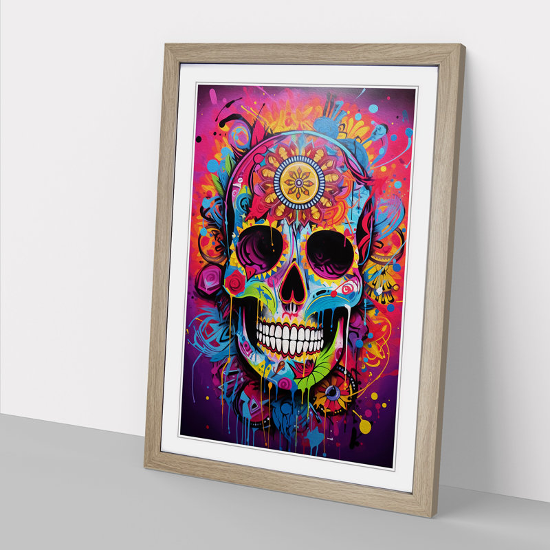 Sugar Skull Action Painting No.2 - Single Picture Frame Print on Wood, 46cm H x 34cm W x 2cm D, Oak