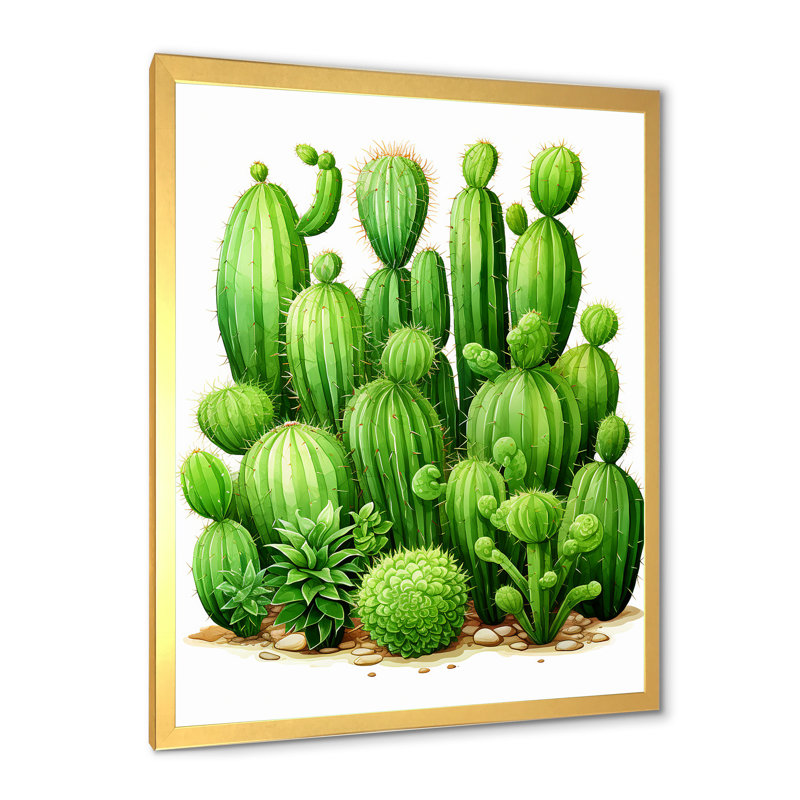 Cactus vert, désert I, Cadre doré simple, H 32 po x l 24 po x P 1 po