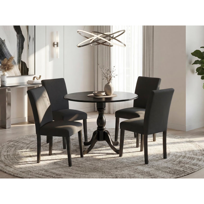5 Piece Modern Dining Table Set Includes a Round Wooden Table with Dropleaf and 4 Black Color Linen Fabric Upholstered Chairs, Wire brushed Black