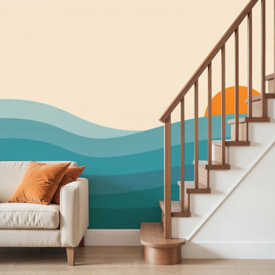 Wall Mural Peel and Stick Wallpaper Retro abstract sunset landscape 70s style mid century modern graphic Self-Adhesive Removable Contact Paper Wall Decor for Living Room Bedroom 69"H x 96"W