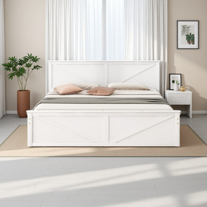 Lit plateforme en bois avec quatre tiroirs de rangement et pieds de soutien, Très grand lit, Blanc